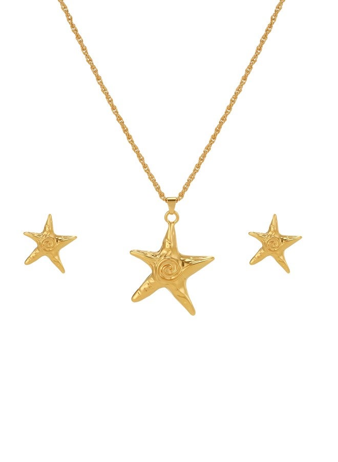 Thalireth 2Pcs Starfish Earrings Necklace For Women Gold Star Swirl Pendant Necklace Summer Beach Beachy Stainless Steel Non Tarnish Waterproof Jewelry Set - Image 1